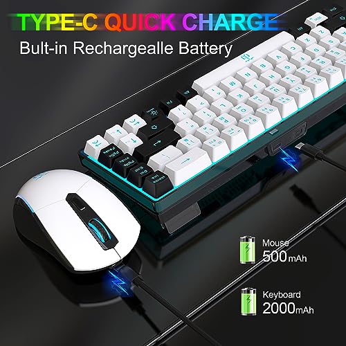 Snpurdiri 60% Wireless Gaming Keyboard and Mouse Combo,Ice Blue Backlit Rechargeable 2000mAh Battery,Mini Mechanical Feel Anti-ghosting Keyboard + Popular RGB Mice for Gaming, Office(White-Black) - color: White Black Combo