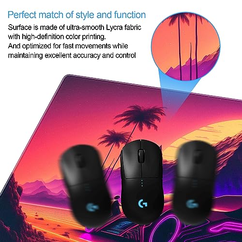 Synthwave Desk Mat, Retro Car XXL Large Gaming Mouse Pad 31.5x15.7 in | Neon cyberpunk car desk pad with soft 3mm cushion, smooth textile surface, and steady non-slip rubber core. - color: Futuristic Neon City