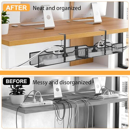 No Drill Under Desk Cable Management Tray, Extended-Length Metal Mesh Wire Organizer with Heavy Duty Clamp Mount for Home Office Standing Desk - Damage Free Cord Organization Solution