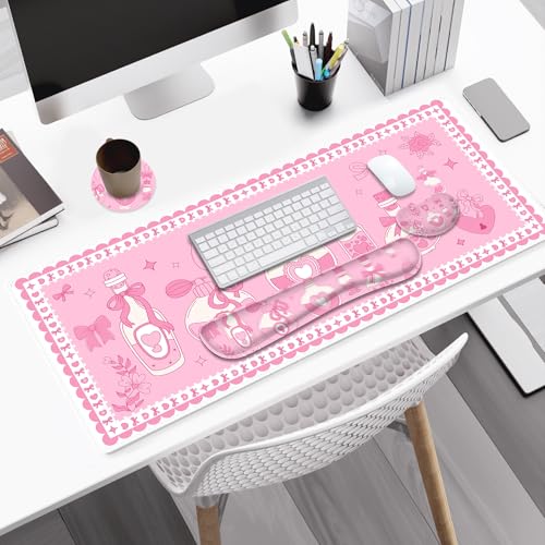 Desk Mat Pad, Gaming Mouse Pad Wrist Support Set, 4 in1 Non-Slip XXL Large Mousepad + Ergonomic Keyboard Wrist Rest+Mouse Wrist Rest+Coaster for Home Office Computer I Pink Kawaii Bow Bottle - color: Pink Kawaii Bow Bottle