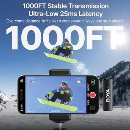 BOYA BOYALINK 2 Wireless Lavalier Microphone for iPhone/Camera/Android/PC | 3-in-1 RX, Mini Lapel Mic, 48kHz 24bit, 1000ft, 30h Use, 2 Level Noise reduction, Clip on Mic with USB-C/Lightning/3.5mm Plug