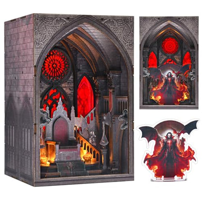 MiniCity Book Nook Kit, Gothic 3D Wooden Puzzle Dollhouse with LED Light, Laser Film Craft Book Shelf Insert Decor, 101Pcs DIY Assembly Model with Full Tools & Color Instruction - Throne of Blood | Wood/paper/plastic DIY model with LED lighting; 101 piece
