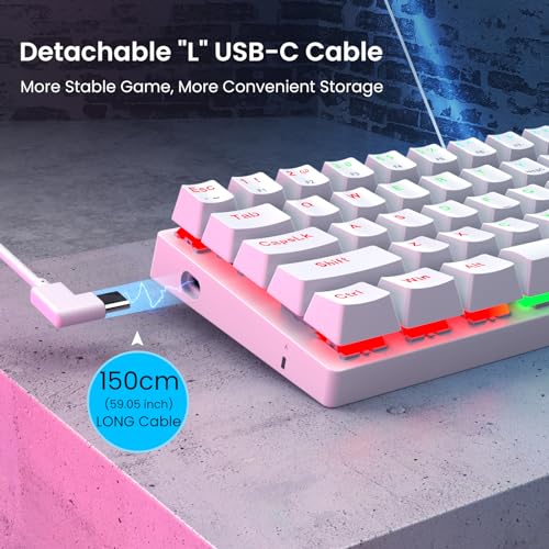 60% Wired Mechanical Gaming Keyboard with Red Switches, LED Backlit | 61 Keys Ultra-Compact Mini Portable Office Keyboard for PC/Mac/Xbox, 18 LED Backlight, Easy to Carry On Trip, White - color: White