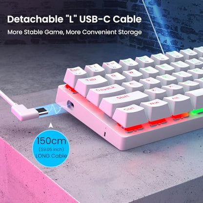 60% Wired Mechanical Gaming Keyboard with Red Switches, LED Backlit | 61 Keys Ultra-Compact Mini Portable Office Keyboard for PC/Mac/Xbox, 18 LED Backlight, Easy to Carry On Trip, White - color: White
