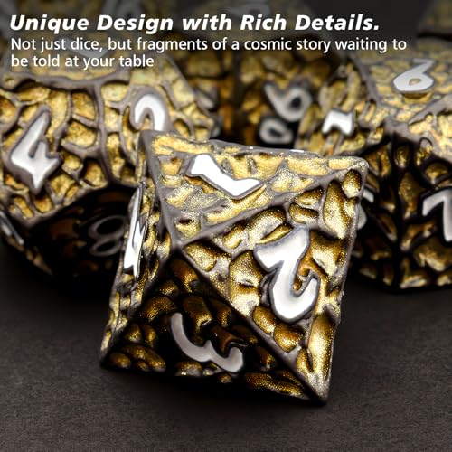 PJOY Metal D&D Dice Set for Dungeons and Dragons Dice with Case Meteorite Black Gold Glitters 7PCS 16mm Role Playing Cool DND Gifts for Players DM Board Game Masters - color: Black Gold
