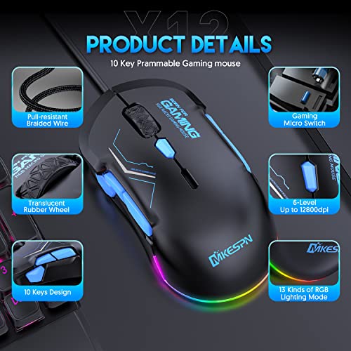 High-Performance Wired Gaming Mouse with Dynamic RGB Lighting, 12800 DPI Adjustable, Multi-Functional Mouse with 10 Customizable Macro Buttons (Black-Blue) - color: Black-Blue