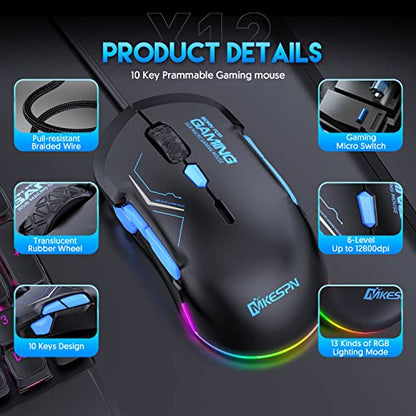 High-Performance Wired Gaming Mouse with Dynamic RGB Lighting, 12800 DPI Adjustable, Multi-Functional Mouse with 10 Customizable Macro Buttons (Black-Red) - color: Black-Red