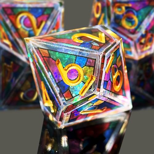 HAOMEJA Double Layered Resin Dice Set 7pcs/ Stained Glass Effect & Gold Numbers/Sharp Edged Polyhedral Dice/Apply to D&D/DND/Role Playing Game/RPG/Party Gift (Rainbow) - color: 3 Rainbow