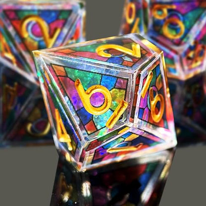 HAOMEJA Double Layered Resin Dice Set 7pcs/ Stained Glass Effect & Gold Numbers/Sharp Edged Polyhedral Dice/Apply to D&D/DND/Role Playing Game/RPG/Party Gift (Rainbow) - color: 3 Rainbow