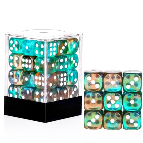 36 Pieces 12mm 6 Sided Mini Dice Set,Two Colours Glitter D6 Game Dice Set,6 Sided Standard Game Dice for Board Games Dice Games Classroom Teaching Dices Game,with Portable Gaming Box(Orange & Green) - color: D6-orange & Green Glitter