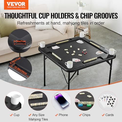 VEVOR Folding Card Table, 4 Player Portable with 4 Cup Holders & Chip Trays, Mahjong Domino Game Set, 35.4 x 35.4-inch, Black - color: Black