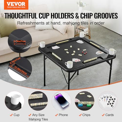 VEVOR Folding Card Table, 4 Player Portable with 4 Cup Holders & Chip Trays, Mahjong Domino Game Set, 35.4 x 35.4-inch, Black - color: Black