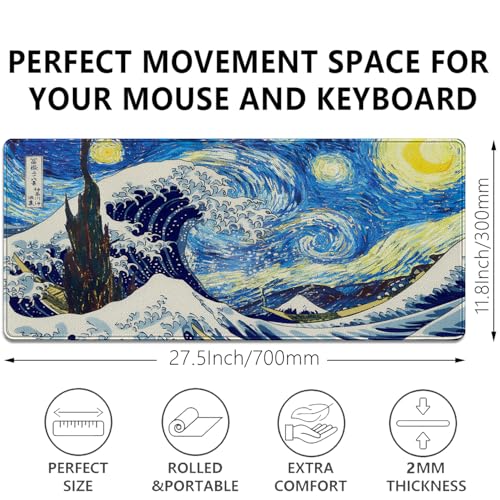 Starry Night & Great Wave Large Mouse Pad, 27.5x11.8in Art Painting Fusion Extended Desk Mat with Stitched Edges, Non-Slip Waterproof Rubber Base for Office, Computer & Laptop - color: Starry Night Waves