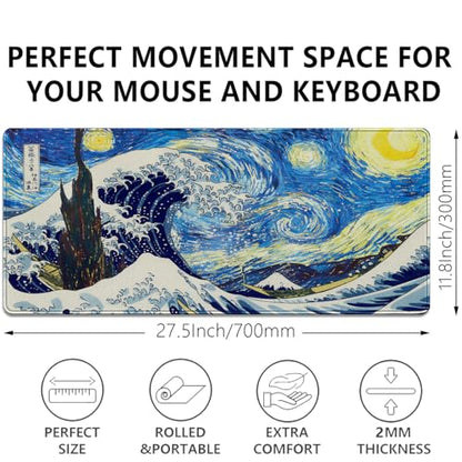 Starry Night & Great Wave Large Mouse Pad, 27.5x11.8in Art Painting Fusion Extended Desk Mat with Stitched Edges, Non-Slip Waterproof Rubber Base for Office, Computer & Laptop - color: Starry Night Waves