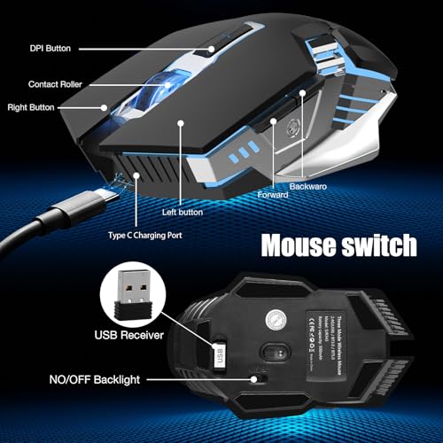 Bluetooth Gaming Mouse, RGB Rechargeable USB Wireless Mouse, Quiet Click, LED Backlit, Ergonomic, with Side Button, 6 Button, DPI Adjustable, Computer Mice for Laptop PC MacBook Chromebook - Black - color: Black