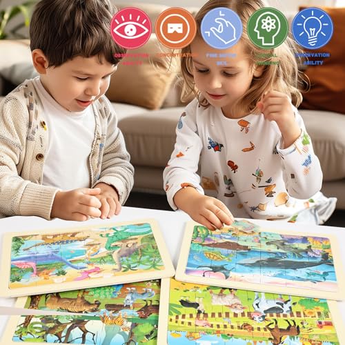 Wooden Puzzles for Kids Ages 4-6, 24 Piece Vehicle Car Construction Jigsaw Puzzles 4 Packs, Preschool Toddlers Learning Activity Puzzles Toys for Boys Girls 3 4 5 6 Years Old (Dinosaurs+Farm+Ocean) - color: Dinosaurs+farm+ocean