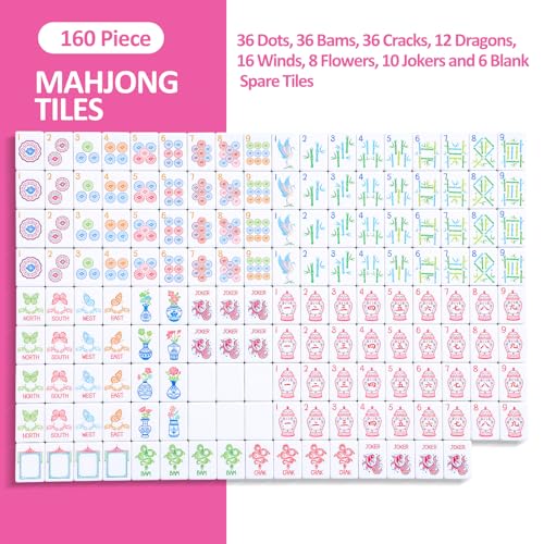 TIASUSAN American Mahjong Tile Set(1.2"), 160 Engraved Mahjong Tiles with Tiles Bag and Mah-jongg Accessories - style: 160 Magenta Tiles