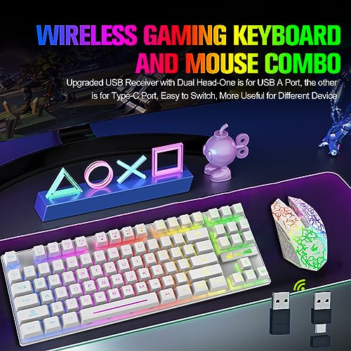 Wireless Membrane Gaming Keyboard and Mouse Set with 87Key Tenkeyless-White | Rainbow LED Backlight,Rechargeable 3800mAh Battery,Anti-ghosting,Ergonomic,Waterproof,RGB Mute Mice for Computer PC Mac Gamer - color: White