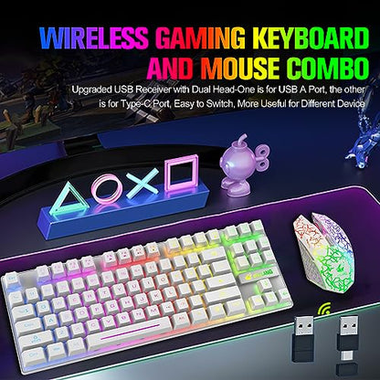 Wireless Membrane Gaming Keyboard and Mouse Set with 87Key Tenkeyless-White | Rainbow LED Backlight,Rechargeable 3800mAh Battery,Anti-ghosting,Ergonomic,Waterproof,RGB Mute Mice for Computer PC Mac Gamer - color: White