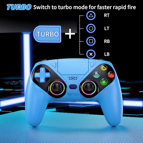 Dinosoo RGB Wireless Controller for PS5/PC - Bluetooth Gamepad with Turbo, Macro, Dual Vibration, 6-Axis Motion, 3.5mm Audio Jack, Built-in Speaker & 1000mAh Battery for PlayStation 5 - color: Blue