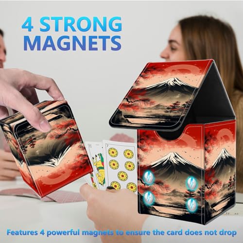Card Deck Box for Trading Cards,MTG Commander Deck Box Fits 100+ Single Sleeved Cards,Leather Magnetic Card Storage Box for YuGiOh TCG CCG Cards,Red Japanese Hills - color: Red Japanese Hills
