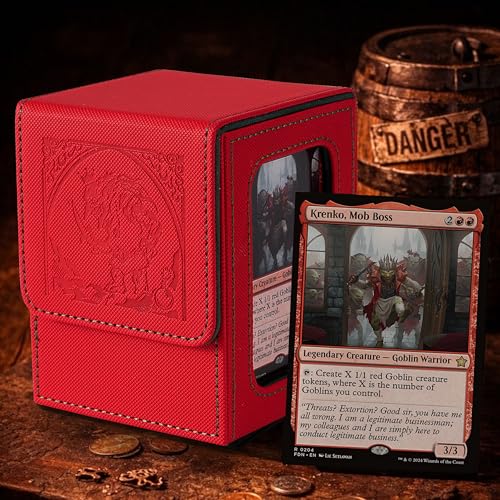 Venssu MTG Deck Box with Commander Display, Goblin Card Deck Case Fits 120 Single Sleeved Cards, TCG Card Storage Box with 2 Dividers and 1 Toploader (Red＆Green) - color: Goblin