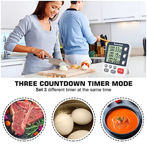 Samshow Digital Kitchen Timer, 3 Channels | Count UP/Down Timer, Large Display, Triple Timer, Magnetic Stopwatch, Adjustable Volume, Loud Alarm, Battery Included - color: 318 White