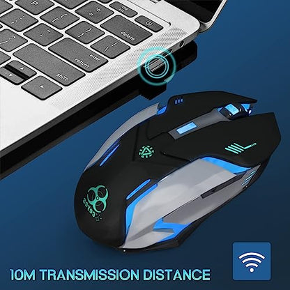 VEGCOO Wireless Gaming Mouse, C8 Silent Click Wireless Rechargeable Mouse with Colorful LED Lights and 3 Level DPI 400mah Lithium Battery for Laptop and Computer (Black) - color: Black