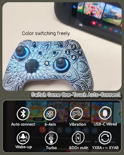 WZUICOV RGB Multi-Platform Game Controller for Switch, Phone, Tablet, PC, TV Box & Tesla - Bluetooth & Wired USB-C, with C-A Adapter, Phone Holder + Extra 25mm Cable - color: Geometric Space
