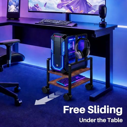 Adjustable 2-Tier PC Stand, Computer Tower Stand with 360° Locking Wheels & Hooks, CPU Cart for Floor, Carpet and Under Desk, 15.2" x 11.8" x 26", Rustic Brown - color: Rustic Brown