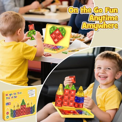 40PCS Magnetic Tiles Travel Storage Diamond Blocks 10% Thicker 3+ | Magnetic tiles with diamond texture & yellow box. Great for travel, car rides, Montessori play & on-the-go fun - size: 40 PCS