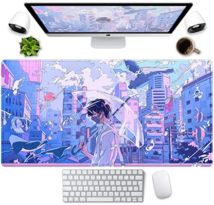 Anime Kawaii Desk Mat Mousepad Cute Japanese Large Gaming Mouse Pad XXL, Pastel Aesthetic Purple Blue Laptop Keyboard Mouse Mat, Magical Fantasy City Girl Gamer Computer Desktop Mat 31.5x15.75 in - color: Blue Purple City Boy