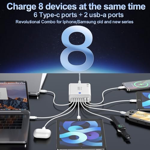 USB C Charger Block 240W, 8-Port Charging Station for iPhone/Ipad/MacBook, 6C2A PD GaN Charger Box, USB Tower Hub with Flat Plug, Travel Essentials - color: Flat Charger 240W White