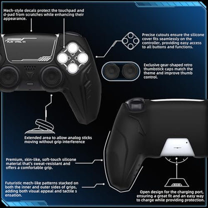 PlayVital 2 Pack Silicone Skin Set for PS5 Controller - Charging Dock Compatible, Full Protection Case with Futuristic CyberMech Design, Soft Cover with Thumb Grips & Stickers - Black - color: 2 Black