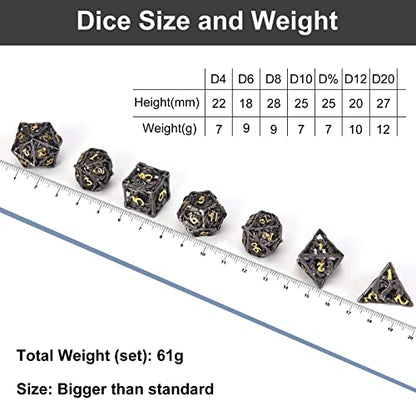 DND Dice,Hollow D&D Metal Dice,Dungeons and Dragons Dice Set with Gift Box,7 PCs Steampunk Polyhedral Dice Games Set for RPG,MTG,Pathfinder, (Dragon Black Golden) - color: Dragon Black Golden