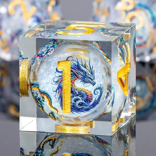 Roycevon Dragon Pattern Liquid Core DND Dice Set, 7Pcs Sharp Edge D&D Dice with Gift Box, Resin White Dungeons Dragons D and D Role Playing Dice D20 D12 D10 D8 D6 D4 - color: White Gold