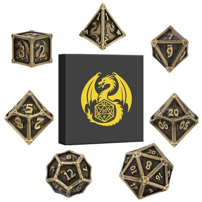 Metal Dice Set, Fly Dragon Pattern, 7pcs Polyhedral Metal DND Dice Set, DND Starter Set, D&D Gifts with Gift Box, Role Playing Board Games Accessories, Bronze ﻿ - color: Bronze