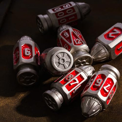 UDIXI Bullet Metal Dice Set D&D, RPG Polyhedral Bullet Dice Set Nickel Red | 7PCS, Cool Design, Magazines Container and PU Leather Bag, for DND Dungeons and Dragons Role Playing Games and Tabletop Games - color: Red