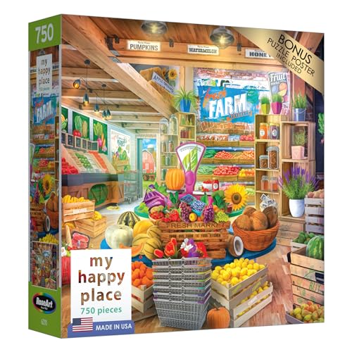RoseArt - My Happy Place - Organic Fresh Market 1000 Piece Jigsaw Puzzle, Colorful Farm Stand Scene, Made in USA - style: Organic Fresh Market