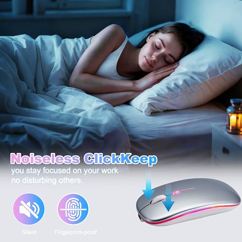 Wireless Bluetooth Mouse, Rechargeable Computer Mouse, Silver | Dual Mode - BT5.2 & 2.4G,Long Lasting,Silent RGB LED Mice,Slim Portable Mouse for Laptop,PC,Tablet,MacBook,iPad,Apple Devices - color: Silver
