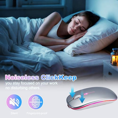 Wireless Bluetooth Mouse, Rechargeable Computer Mouse, Silver | Dual Mode - BT5.2 & 2.4G,Long Lasting,Silent RGB LED Mice,Slim Portable Mouse for Laptop,PC,Tablet,MacBook,iPad,Apple Devices - color: Silver