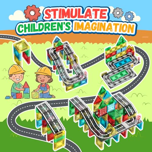 Magnetic Tiles - Road Set, City Race Track Travel Building Blocks with 2 Cars & Metal Box, Mini Magnet Tiles Outdoor Construction Toys for Boys, STEM Sensory Gifts for Toddlers 3-5 4-8 Years Old