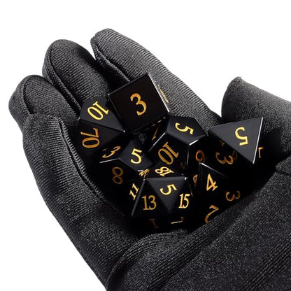 Natural Obsidian Dice Set, 7-Piece Hand-Carved Polyhedral Dice for Dungeons & Dragons (D&D), Pathfinder, Call of Cthulhu, Tabletop RPG Gaming, Collectible Gemstone Dice with Gold Numbering (Black) - color: Black