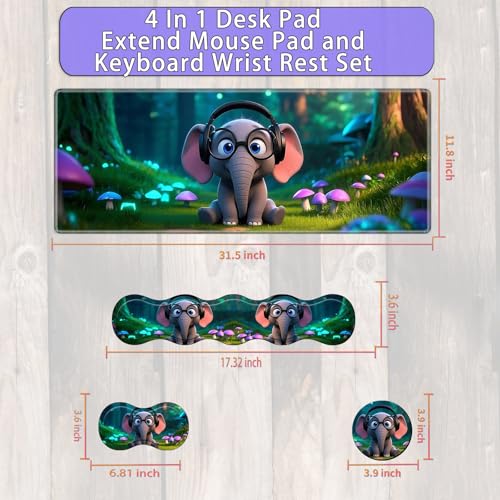 Large Gaming Mouse Pad Set with Wrist Support – 31.5" x 11.8" 4-in-1 XXL Mousepad with Keyboard Wrist Rest, Mouse Wrist Rest & Coaster – Ergonomic Desk Mat for Office, Home – Cute Baby Elephant - color: Cute Baby Elephant