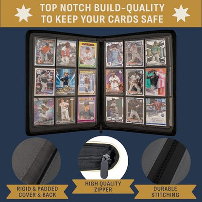 Baseball Card Binder - Stunning 3D Raised & Hand Colorwashed PU Leather Binder - 9 Pocket Album w Zipper - 360 Side Loading Sleeves Book for Baseball Trading Cards - Works with Topps, Bowman, Panini.. - color: Iconic Design