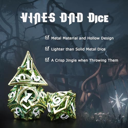 FONVGOGO Metal DND Dice Set of 7 for Dungeons and Dragons Hollow Polyhedral Metal Vine Dice Set D and D with Black Case Role Playing D and D RPG Dice for Tabletop Games Ttrpg (Vine Green) - color: Vine Green