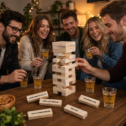 Gamie Tumbling Tower Drinking Games for Adults, with 4 Glasses and 48 Wooden Blocks with Challenges, Fun House Adult Party Games for Game Night, Great Gift Idea for Everyone