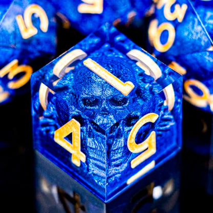 DND Skull Dice Set 7PCS Necromancer Polyhedral Dice for Dungeons Dragons RPG Role Playing Game, Resin Sharp Edged D and D Dice with Gift Box D6 D8 D10 D12 D20 (Golden Blue) - color: Blue&gold