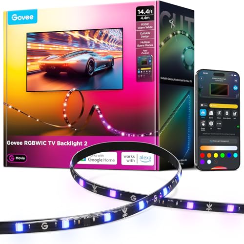 Govee TV LED Backlight 2, 14.4ft Cuttable TV Lights for 32-70 Inch TVs | RGBWIC LED Strips Lights for Monitors, Support 210+ Scene Modes & Music Sync，Smart APP and Voice Control, Easy Intall - size: 14.4FT for 32''-70'' TV