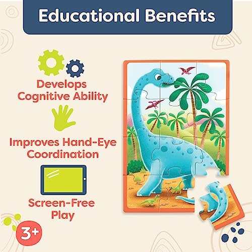 B. toys Pack o' Puzzles Wooden Dinosaur, 4 Pack, Wood Toys, 51-Piece Set | 4 wooden dinosaur puzzles with 12 pieces each, color-coded backs, sturdy wooden box for storage, Wood Toys, 3+ Years - style: Dino